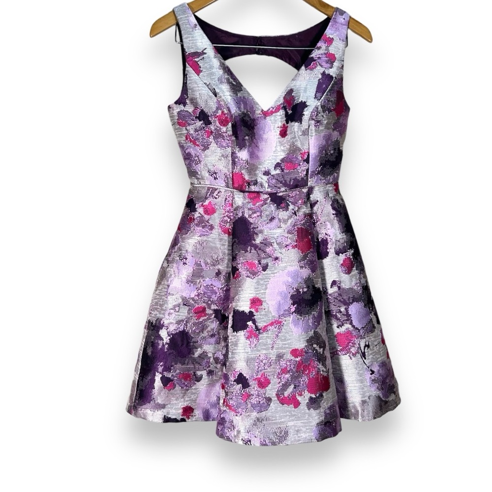 Adrianna Papell Metallic Jacquard Purple Pink Open Back Mini Party Dress Size 4